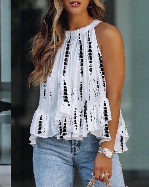 Tie Dye Print Ruffles Sleeveless Top